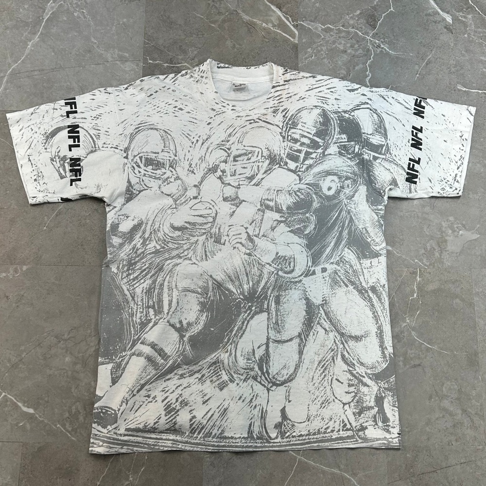 90s Vintage Football All Over Print Graphic Tee Mens Large NFL AOP Art Shirt